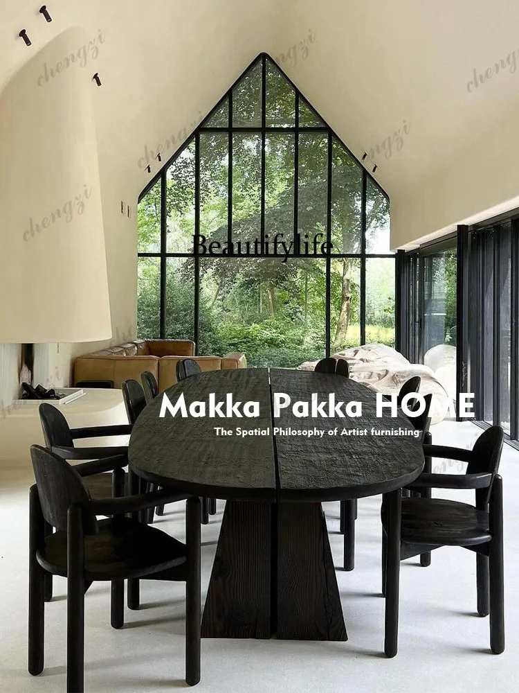 Vintage vintage black oval solid wood dining table, designer style minimalist modern home dining table