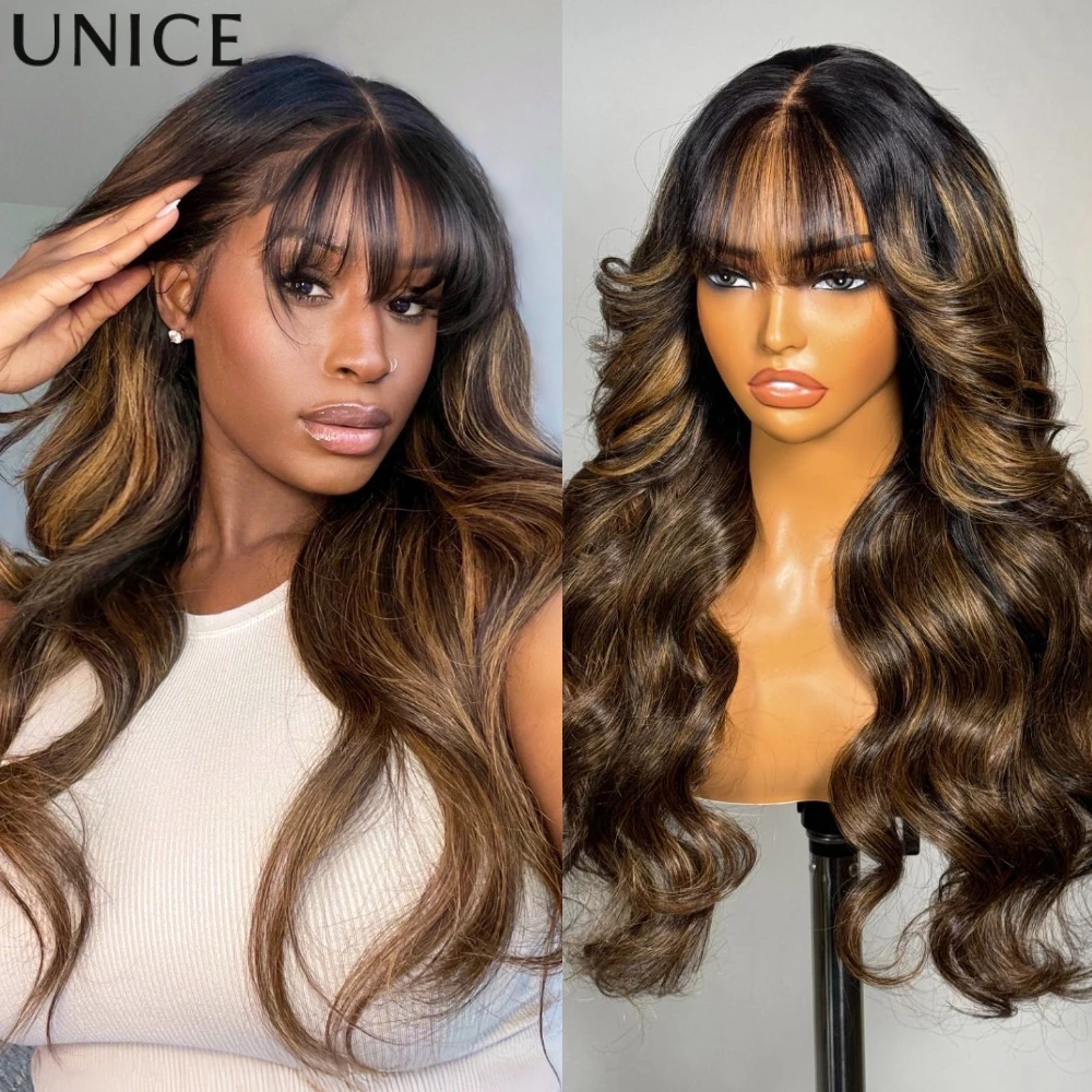 UNice Pre Everything 13x4 Lace Frontal Balayage Highlight Loose Wave Wig With Wispy Bangs 100% Human Hair Glueless Wigs