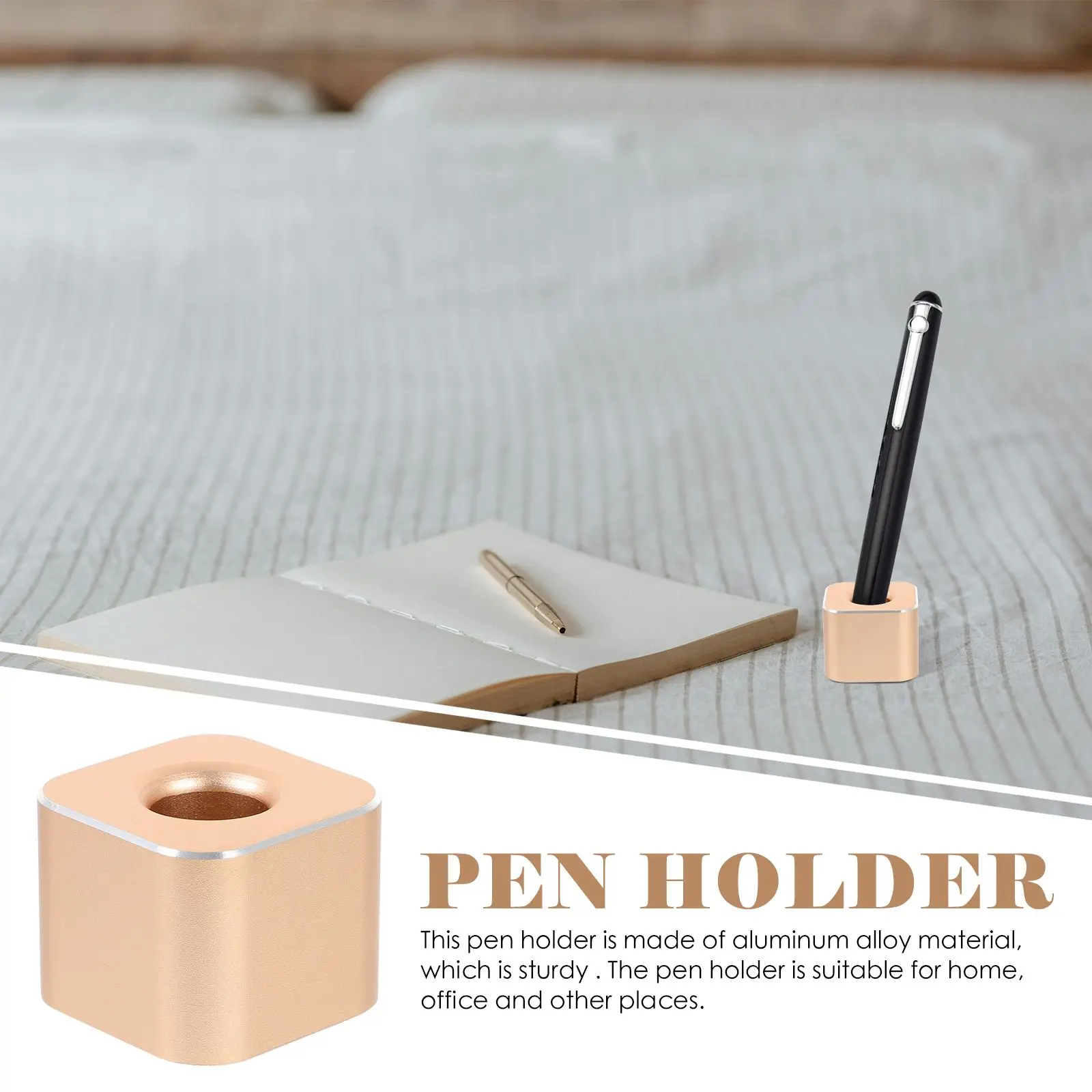 Metal Pen Holder Single Pen Stand Square Base Storage Rack for Desk Golden Color Fine Workmanship Practical Use