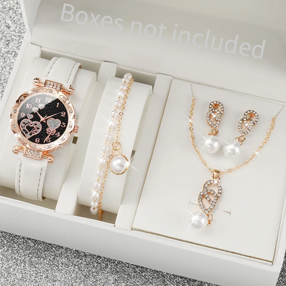 2026Women 4Pcs Watch Jewelry Set Rhinestone Heart Dial Leather Quartz Watch Pearl Necklace Earrings Bracelet Gift Setwatch