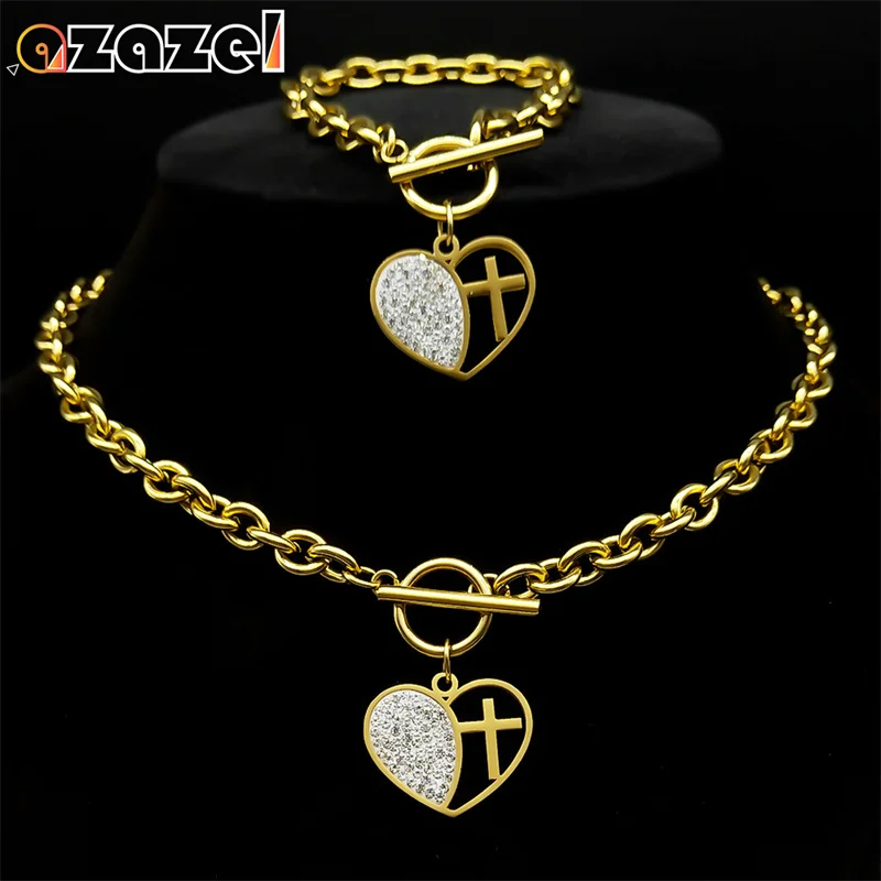 Stainless Steel Clear Rhinestone Heart Cross Pendant Jewelry Set Women Men Gold Color Chain Necklace Bracelets Sets 8281