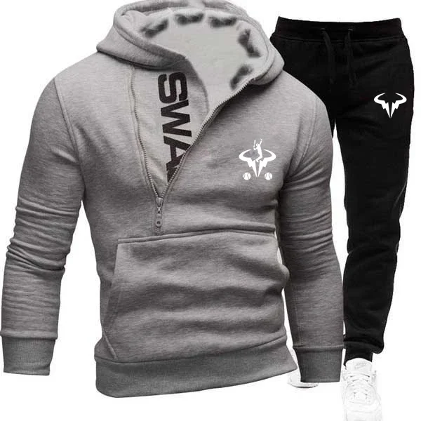 Suit New Rafael Nadal Logo Print Custom Made Cotton Warm Men Zip Pullover Hoodie+Pants Pocket Casual Pocket Man Sportswear Set