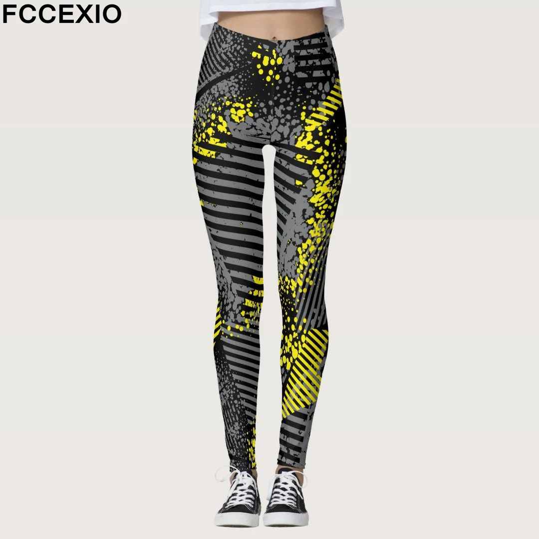 FCCEXIO Summer New Geometric Graffiti Print Women\'s Sports Leggings High Waist Running Tght Fitness Workout Yoga Gym Pants S-3XL