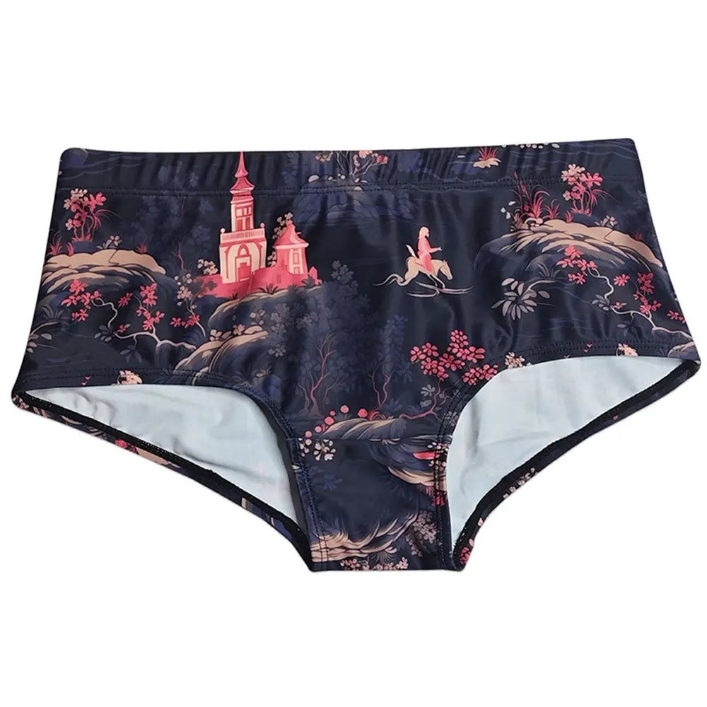 New men's  diving and wind printing small flat-angle swimsuit European and American low-rise tether hot spring beach pants 621