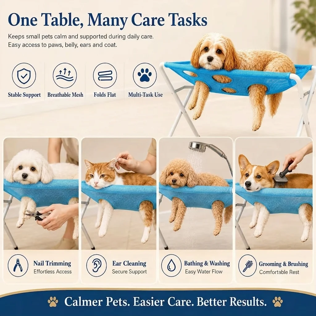 Foldable Pet Grooming Stand for Cats and Small Dogs, 8-Hole Mesh Bathing and Nail Trimming Table with 2 Straps