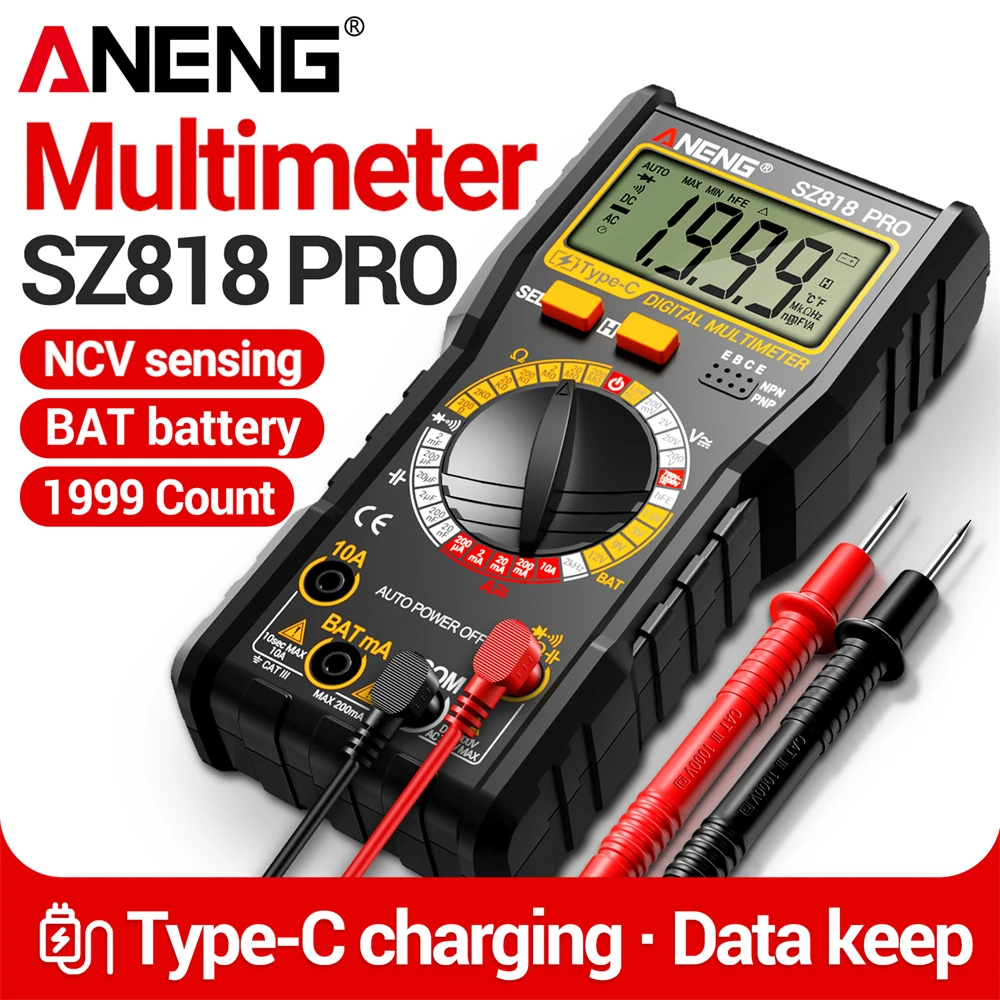 

Цифровой мультиметр ANENG SZ818 PRO с 1999 показаниями, измерением напряжения AC/DC 750В/1000В, NCV, температуры, определением напряжения батареи, измерением сопротивления, диодов, звуковым оповещением, перезаряжаемый (инструмент)