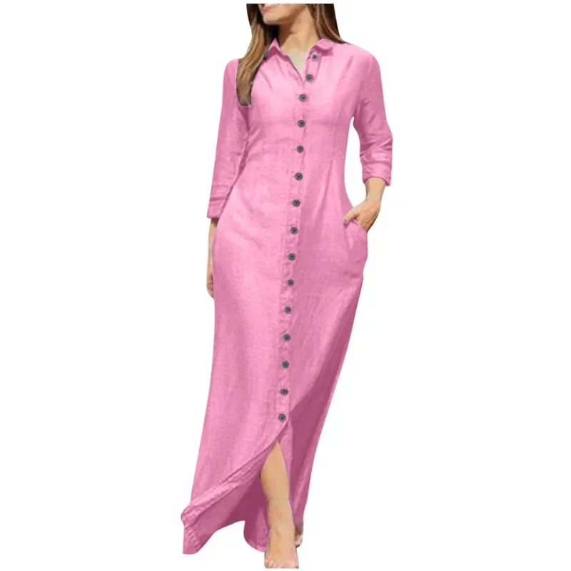 Women\'s Spring Summer Elegant Long Sleeved Button Up Oversized Loose Long Dress Loose Casual Lapel Solid Color Cotton Long Dress