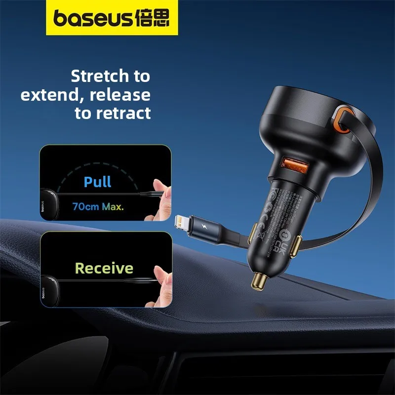 Baseus 30W Car Charger with Retractable USB C and iPhone Cable Fast Charge Cigarette Lighter Splitter