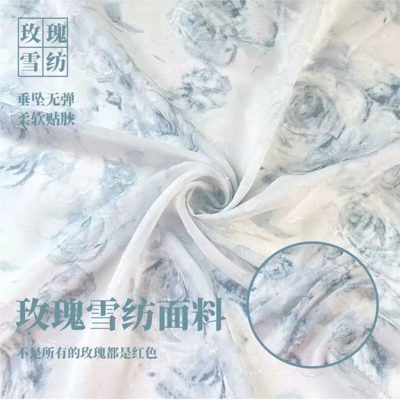 Semi-transparent light blue rose chiffon fabric Chinese-style printed Hanfu dress clothing and shirt