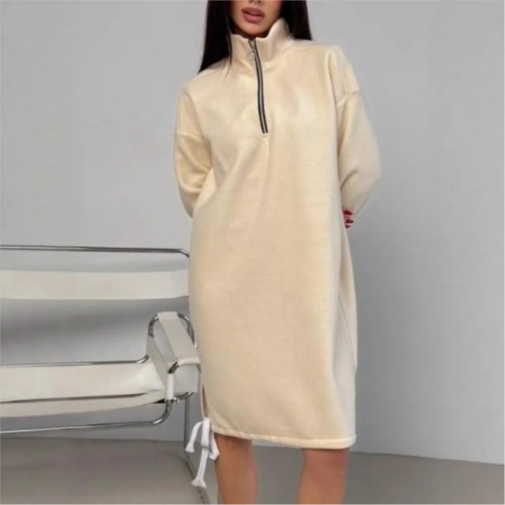 

New Autumn Winter Fashion High-neck Zipper Hoodie Dress For Women's Casual Warm Fleece Sweater Split Tie Hoodie Dresses Female