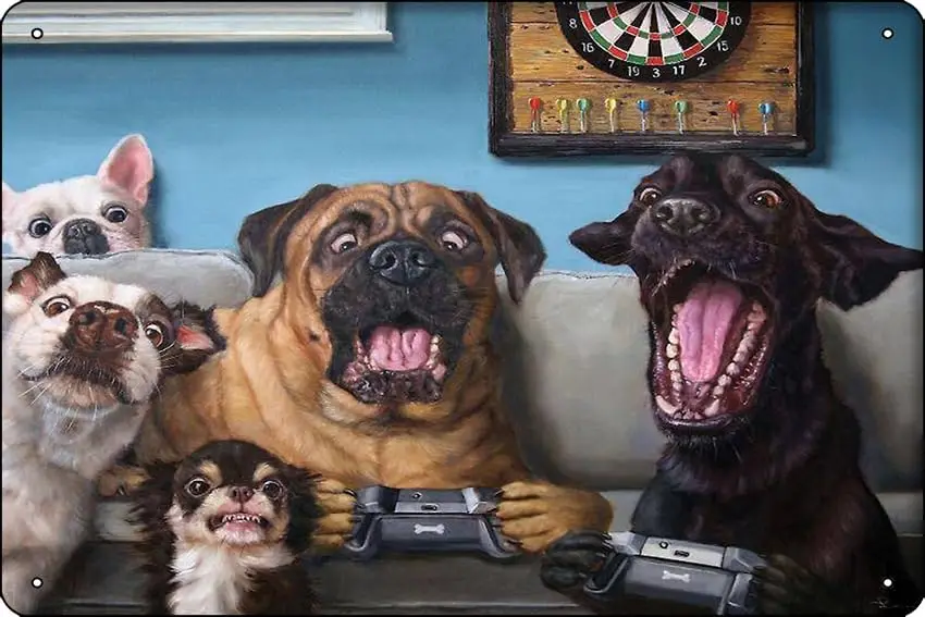 Dogs Playing Video Games Livingroom Pet Portrait Metal Print 8 x 12 Inch Funny Metal Tin Sign Game Room Man Cave Wall Decor