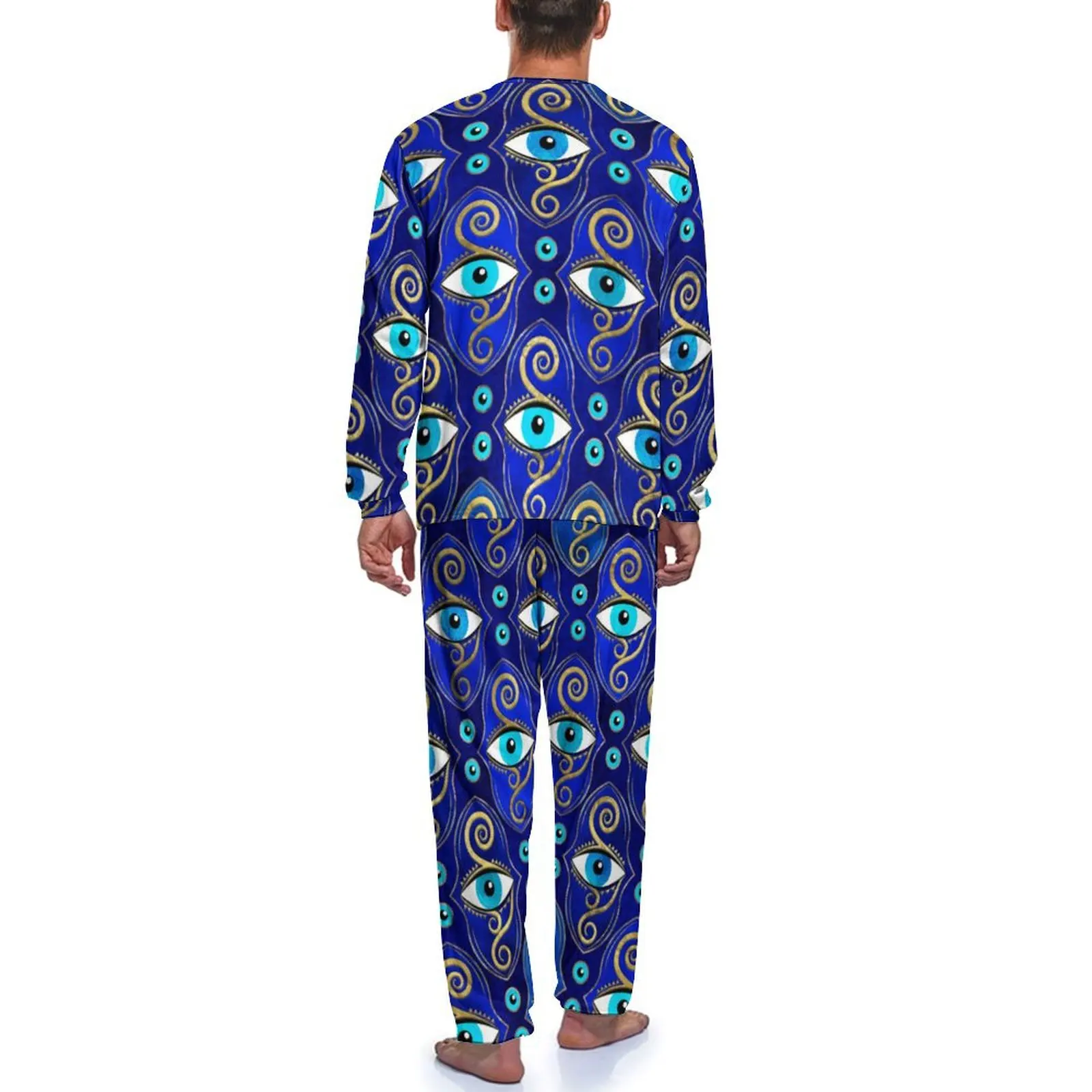 Piyama liontin mata jahat biru pakaian tidur grafis, baju tidur kasual lengan panjang pria, Set piyama Kawaii Yunani azimat harian 2 potong