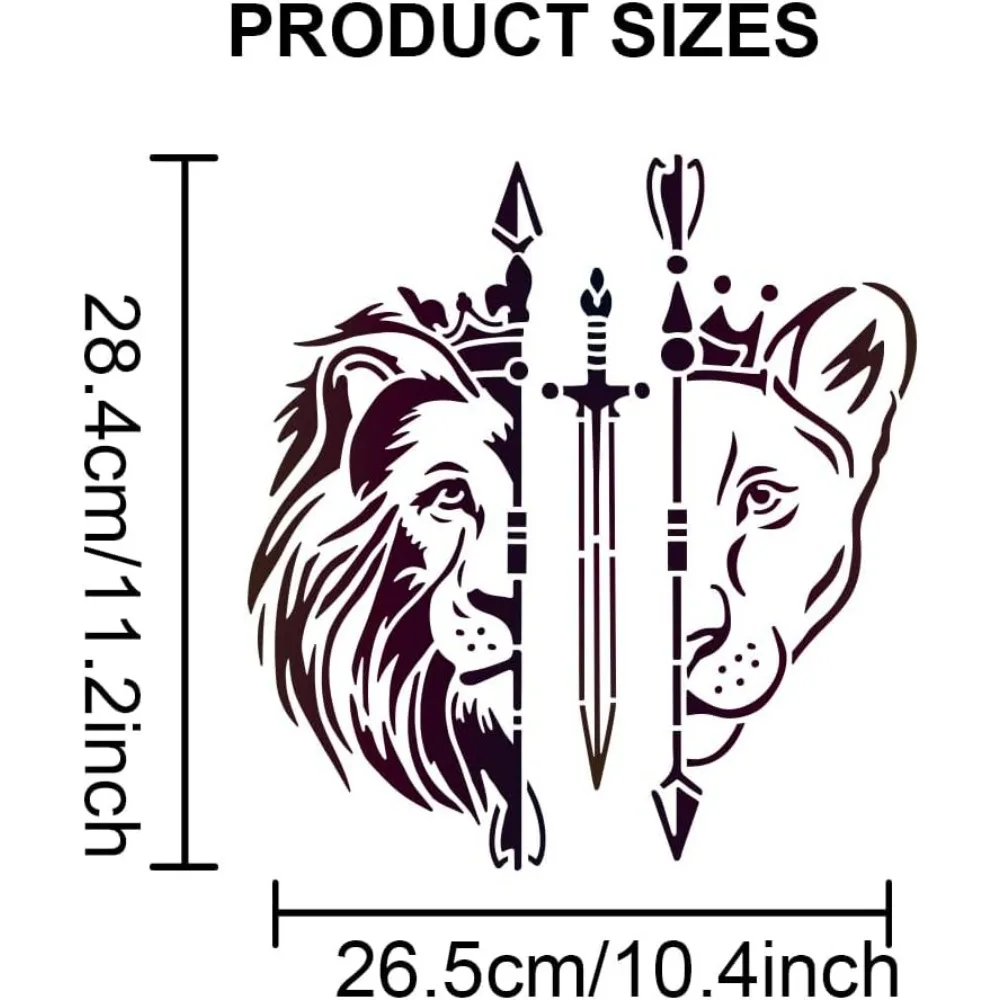 Lion Sword Bow and Arrow Stencil 11.8×11.8inch Large Lion Head Stencil Reusable Wild Animal King Crown Arrow Drawing Template