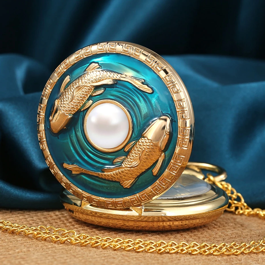 

Superb Pisces Necklace Pocket Watch Luxury Golden Vivid Fish Pearl Pattern FOB Chain Pendant Constellation Clock Birthday Gifts