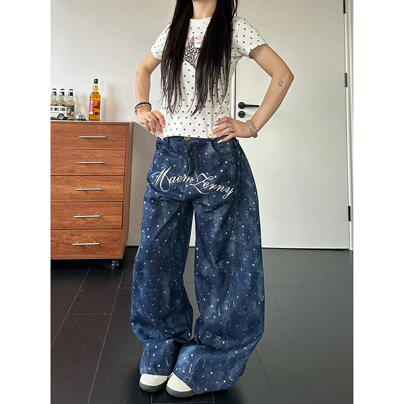 YIBASHU Women's Blue Letter Jeans Vintage Y2k Hiphop Grunge Boyfriend Style Star Jeans Pants Baggy Wide Leg Denim Pants Clothes