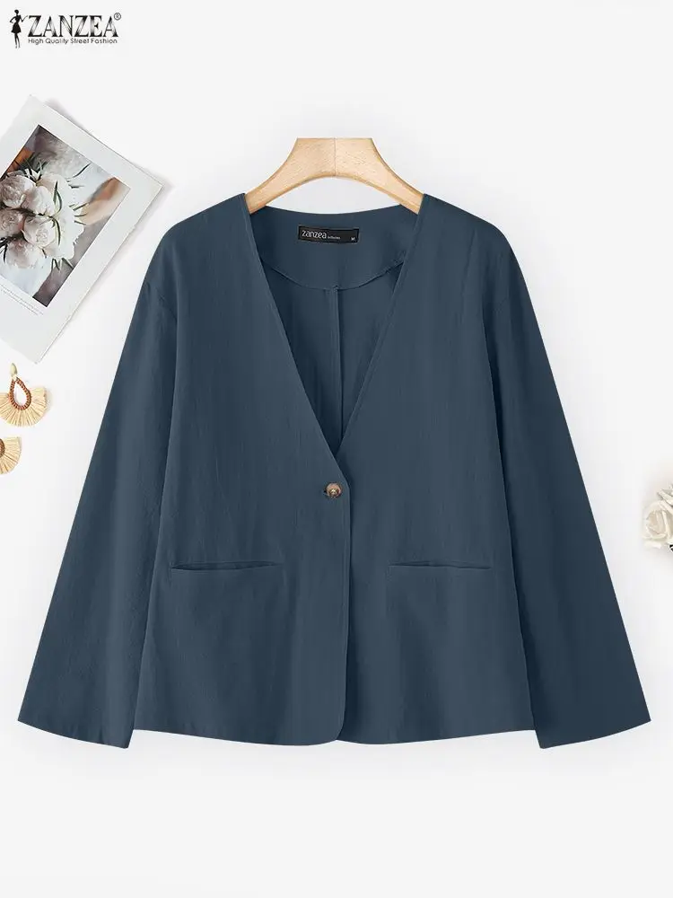 

ZANZEA женский элегантный пиджак, осенний однотонный пиджак с длинными рукавами и карманами, мода 2025 года, с v-образным вырезом, офисная уличная одежда, повседневные свободные рубашки