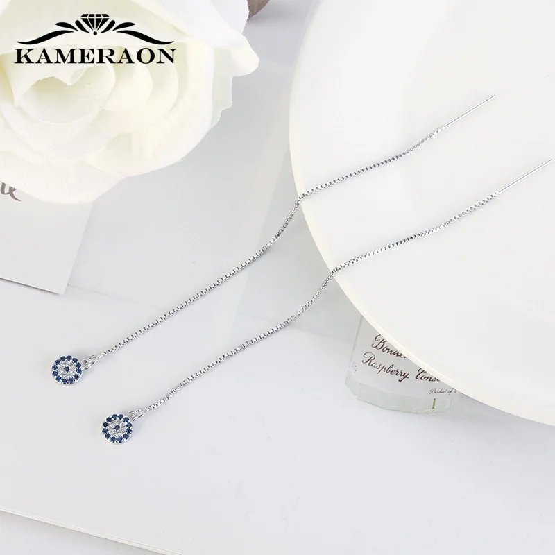 KAMERAON Long Chain Blue Evil Eyes Pendant Earrings 100% 925 Sterling Silver Cubic Zircon Tassel perforation Women Jewelry E0922