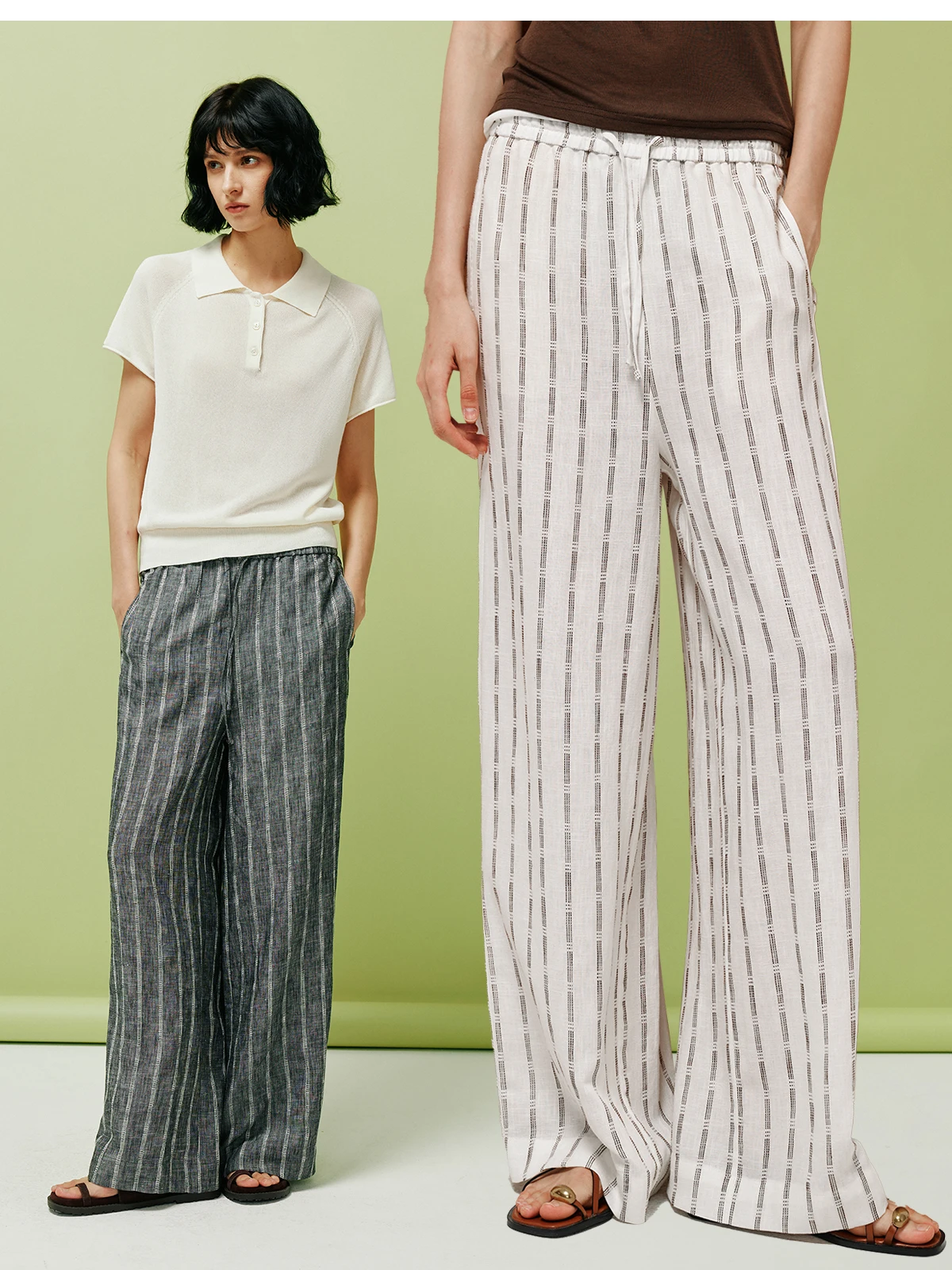 Linen Wide Leg Casual Pants Color Block Drawstring Elastic Waist Striped Loose Fit Straight Cut Breathable Comfortable Women'...