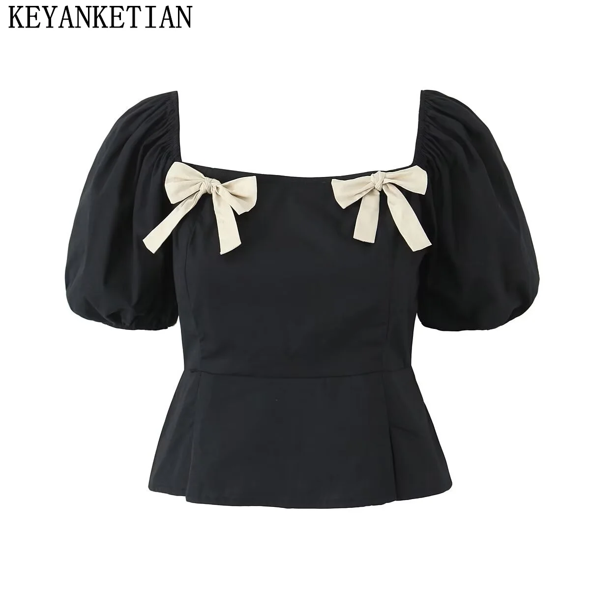 KEYANKETIAN 2024 New Launch Women's Bow Embellished Cotton Short-Sleeved Shirt Summer Sweet Stretch Patchwork Slim Cropped Top