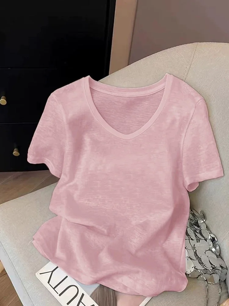 Ice Silk Snowflake Cotton Short Sleeve T-Shirt Women's Loose Thin V-Neck  Color Slimming Top Summer New Style plus Size