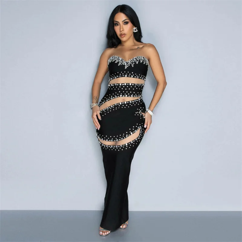 

Summer Sleeveless Strapless Rhinestone Mesh Patchwork Bodycon Sexy Long Party Dresses Women Back Split Night Club Dress Birthday