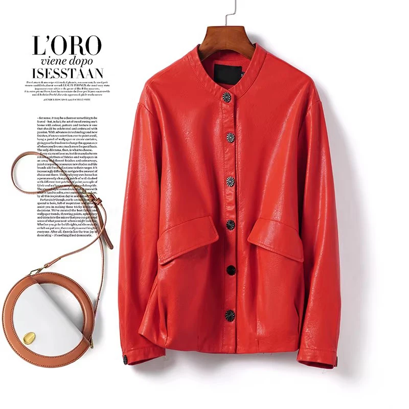 New Women Casual Split Leather Jacket Spring Autumn Fashion O-Neck Single Breasted Loose Leather Coat Simplicity Daily Coat