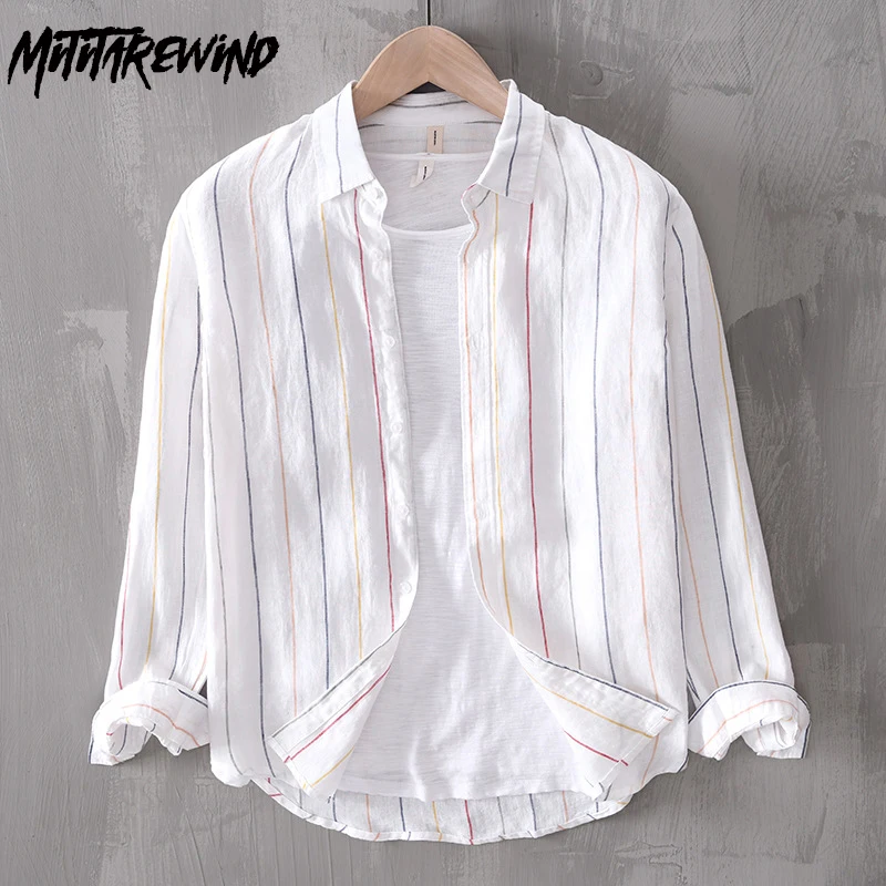 

100% Linen Shirts for Men Spring Summer Beach Causal Breathable Men Tops Fresh Long Sleeve Striped Shirt Youth Fashion Clothing