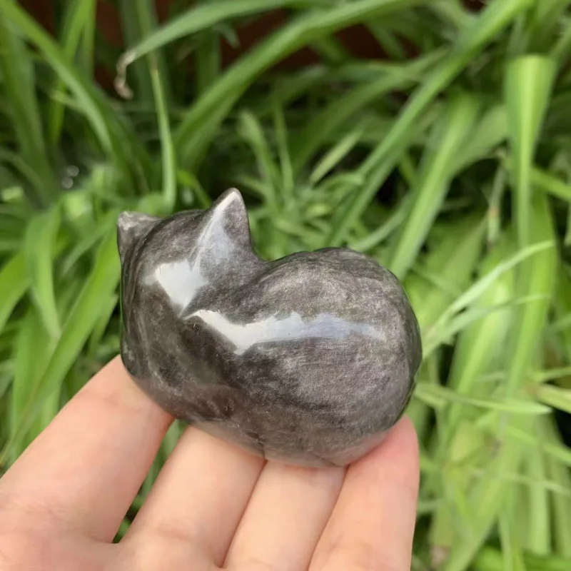 Silver obsidian crystal Animal Sleeping Cat Carving Creative crystal cat ornament