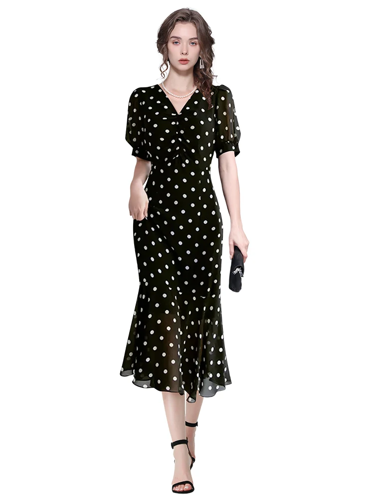 2024 Summer Elegant French Style Polka Dot Chiffon Dress Women\'s Mid-length Bodycon over the knee Black long Dresses