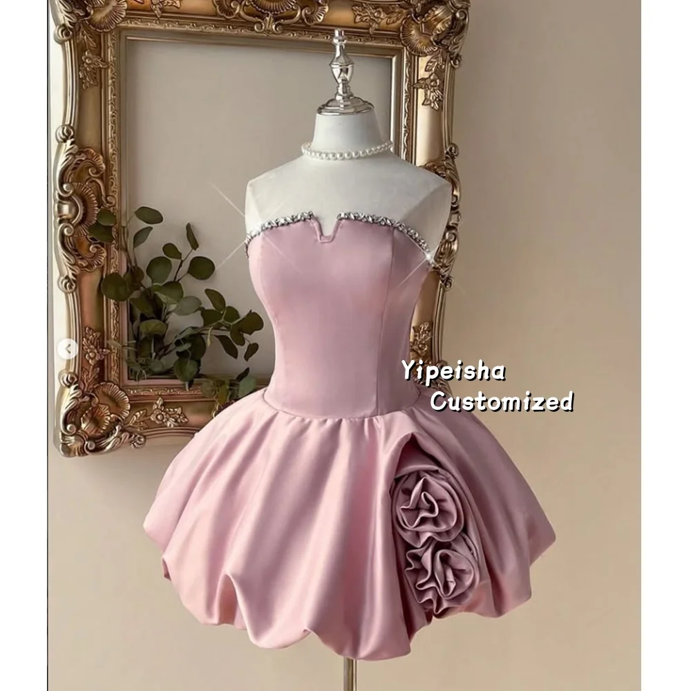 

Customized Short Evening Dresses Puffy A Line Shiny Beaded Strapless Flowers Mini Wedding Party Dress For Women