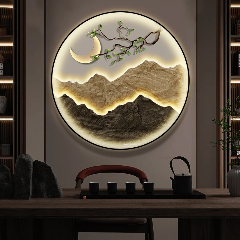 Circular Entrance Decorative Painting LED Light Luminous Hanging Painting Chinese Home Decor Hotel Courtyard Landscape Painting