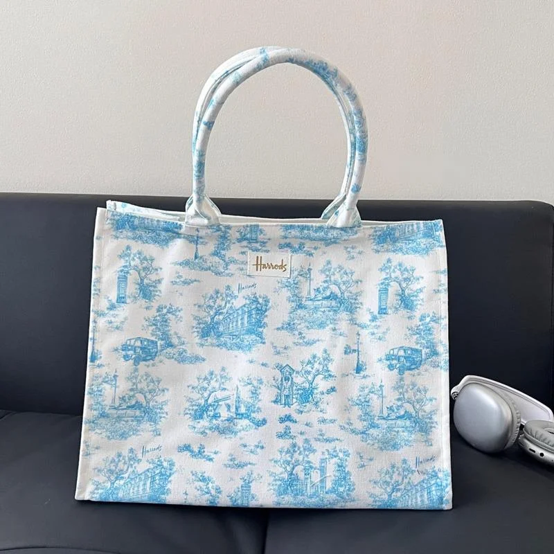 2024 Canvas Fashion Female Tote Handbag Square Flower Printed Stylish Purse For Woman Large Reusable Shopping Shoulder Bag