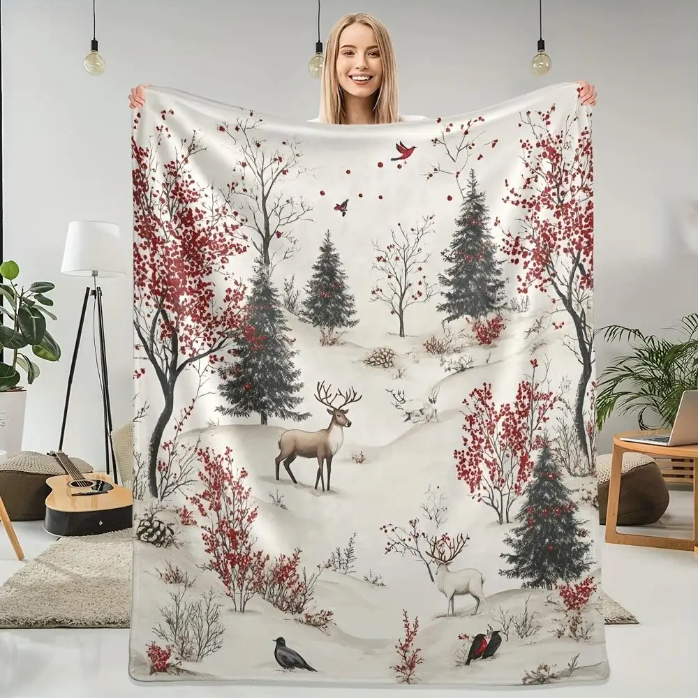 Winter forest deer and cranberry patterned blanket, suitable for sofas, beds, travel, camping, or office use.