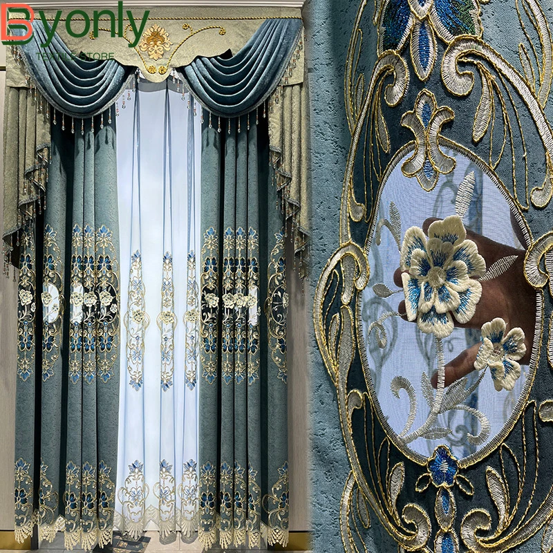 Hollow Embroidered Window Screen Thickened Velvet Curtains for Living Room Bedroom Floor-to-ceiling Windows Villa Customization