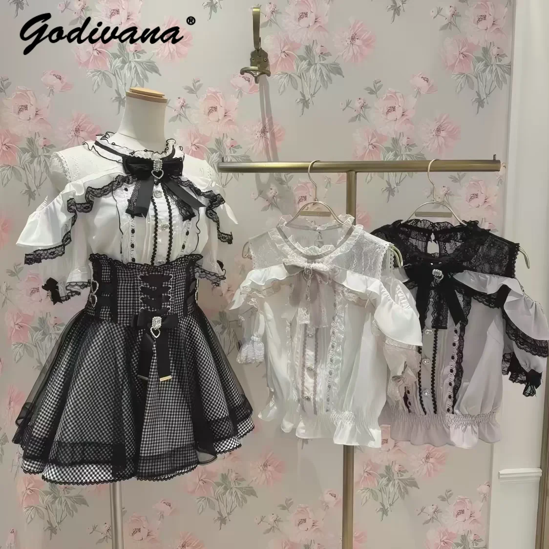 

Classic Japanese Liz Sweet Off-the-shoulder Bow Short-sleeved Shirt New Spring and Summer Cute Girls Women's Long Sleeve Blouses