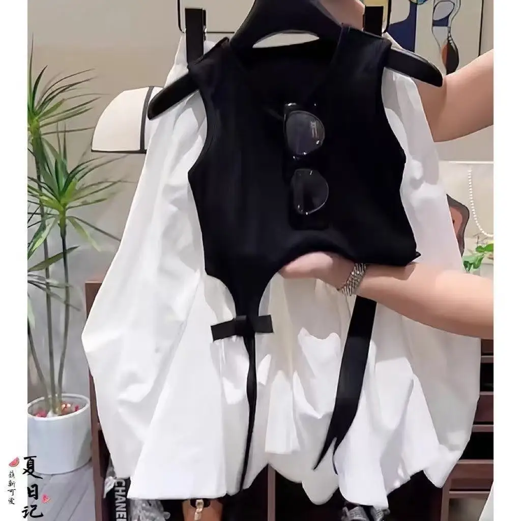 

Girls Fashion Summer Outfit Set Irregular Sleeveless T-shirt + Halter Skirt Two-Piece Ensemble for Kids