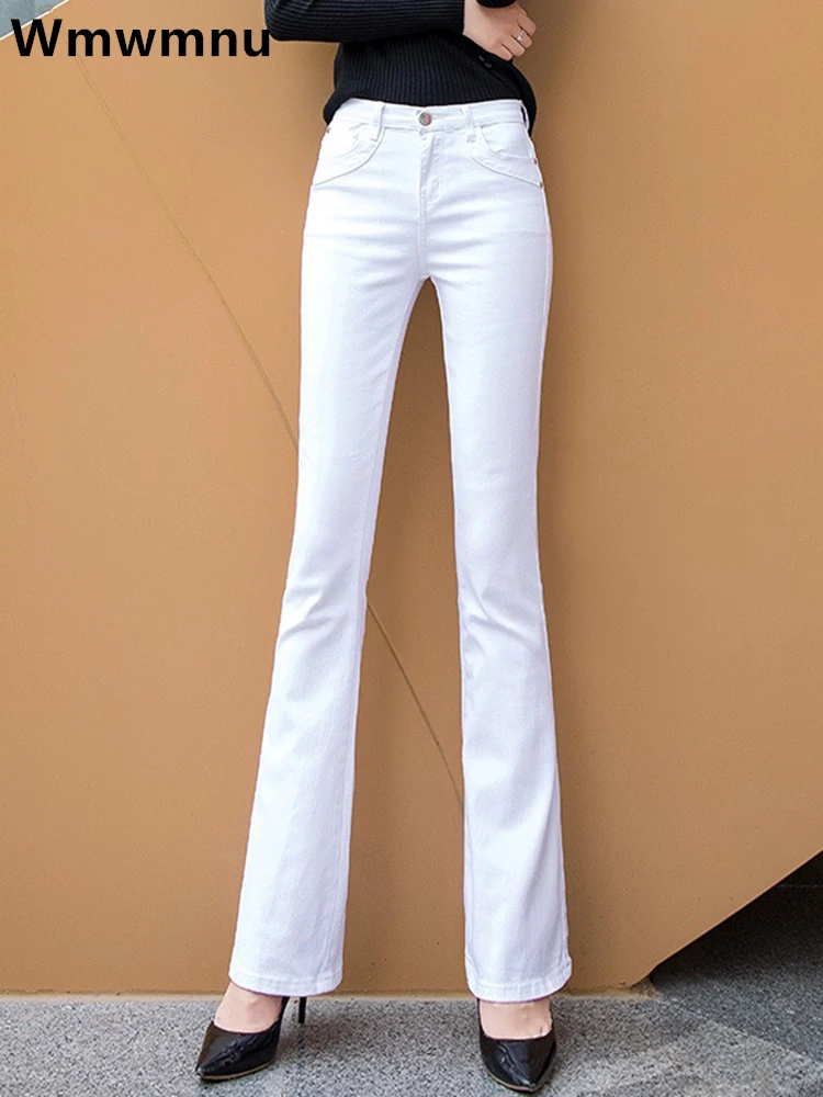 Damskie białe spodnie jeansowe 80% bawełny Flare Mom's Fomal Skinny Stretch Jeans Trend Candy Color Slim Cowboy Trousers OL Pantalones