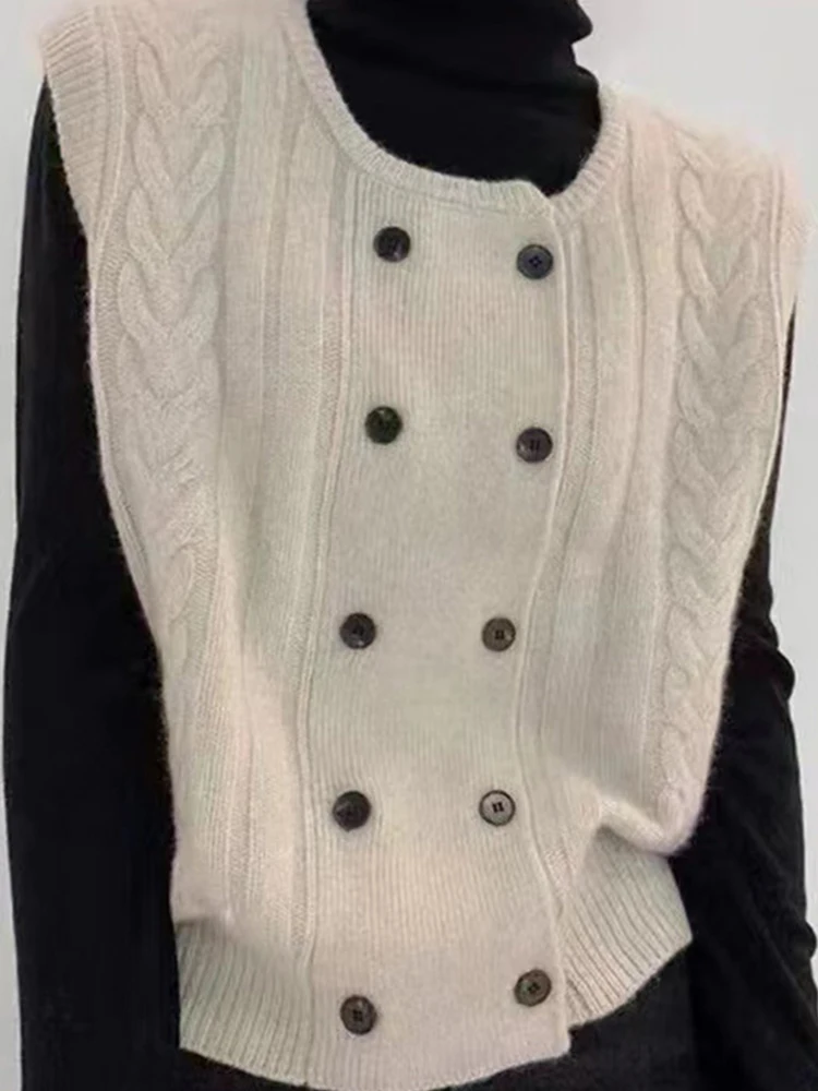 เสื้อกั๊กถักแบบกระดุมสองแถว เสื้อคลุมคาร์ดิแกนแบบเปิด ทรงหลวม สไตล์ต้นฤดูใบไม้ร่วง พร้อมแผ่นเสริมไหล่ แฟชั่นทันสมัยสำหรับผู้หญิง