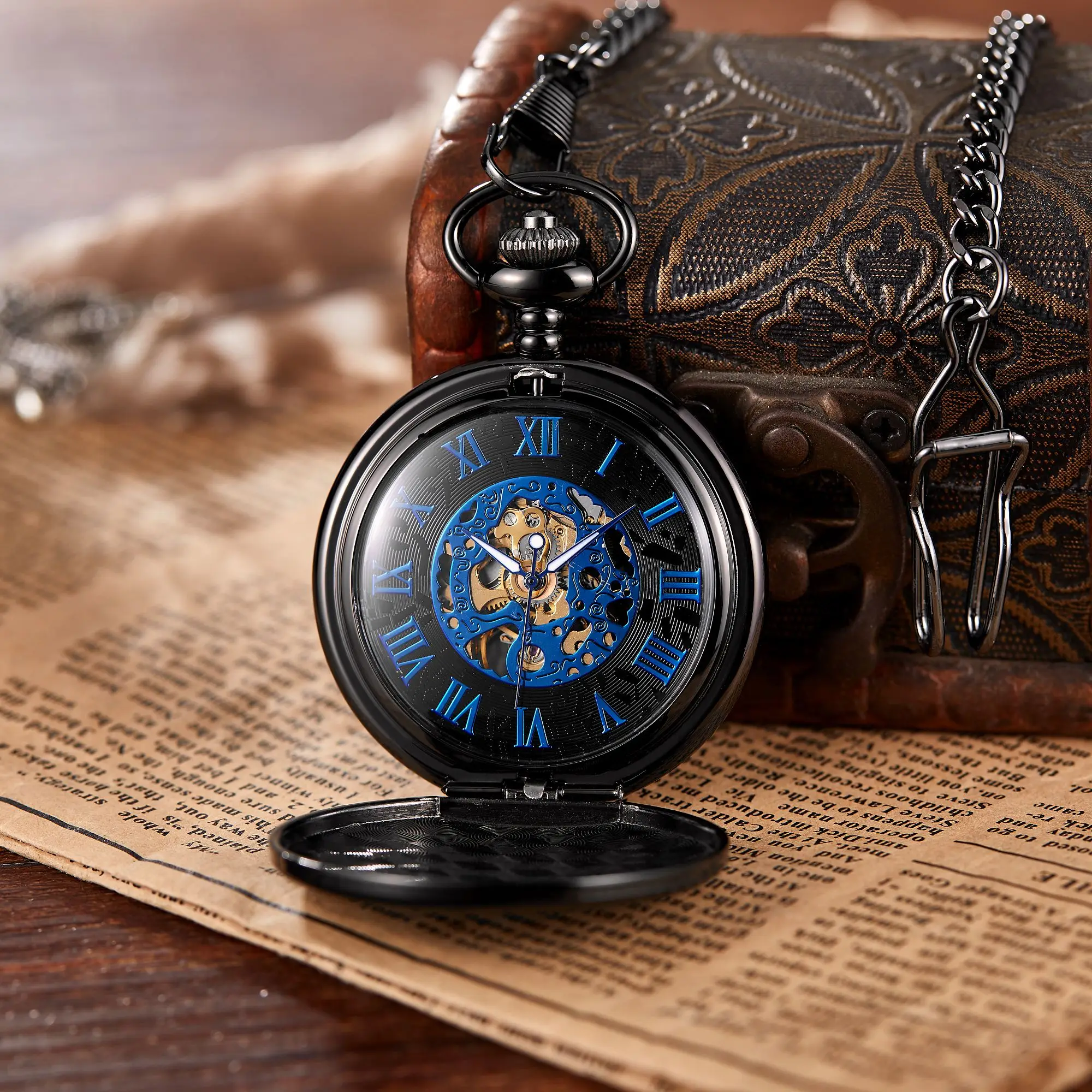 Unique Black Silver Pocket Watch Mechanical Hand-Winding Fob Watch Roman Numerals Dial Retro Clock Chain Pendants