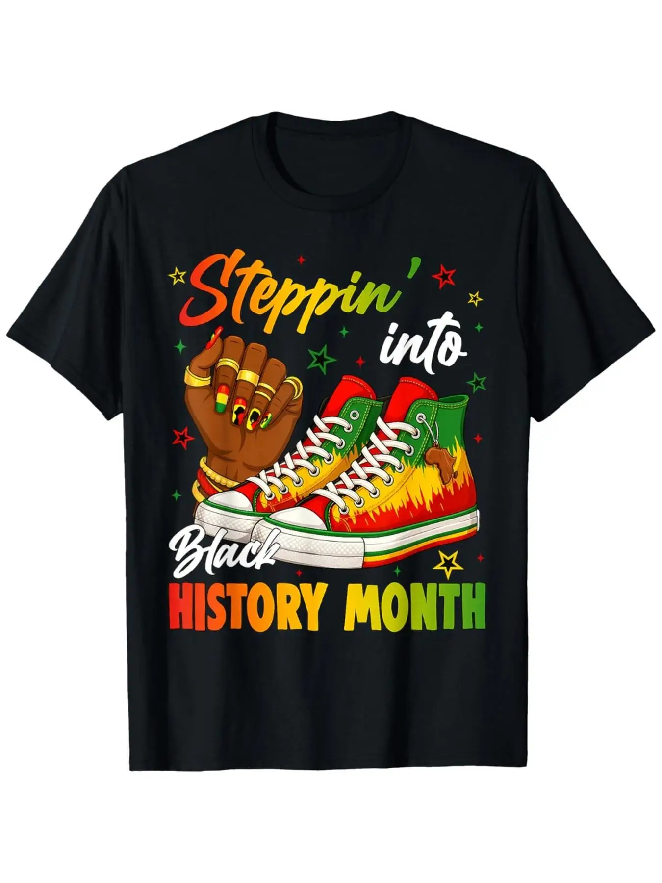 Entering Black History Month with a Stylish T-Shirt Featuring Black Sneakers for Women, a Comfortable Fit for Men, Crew Neck Des
