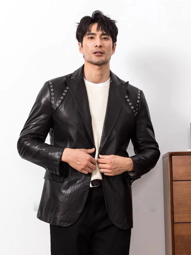 Designer Genuine Leather Suit Jacket Male Party Slim Fit High Quality Cowskin Blazers Single Button Casual Outerwear Autumn New