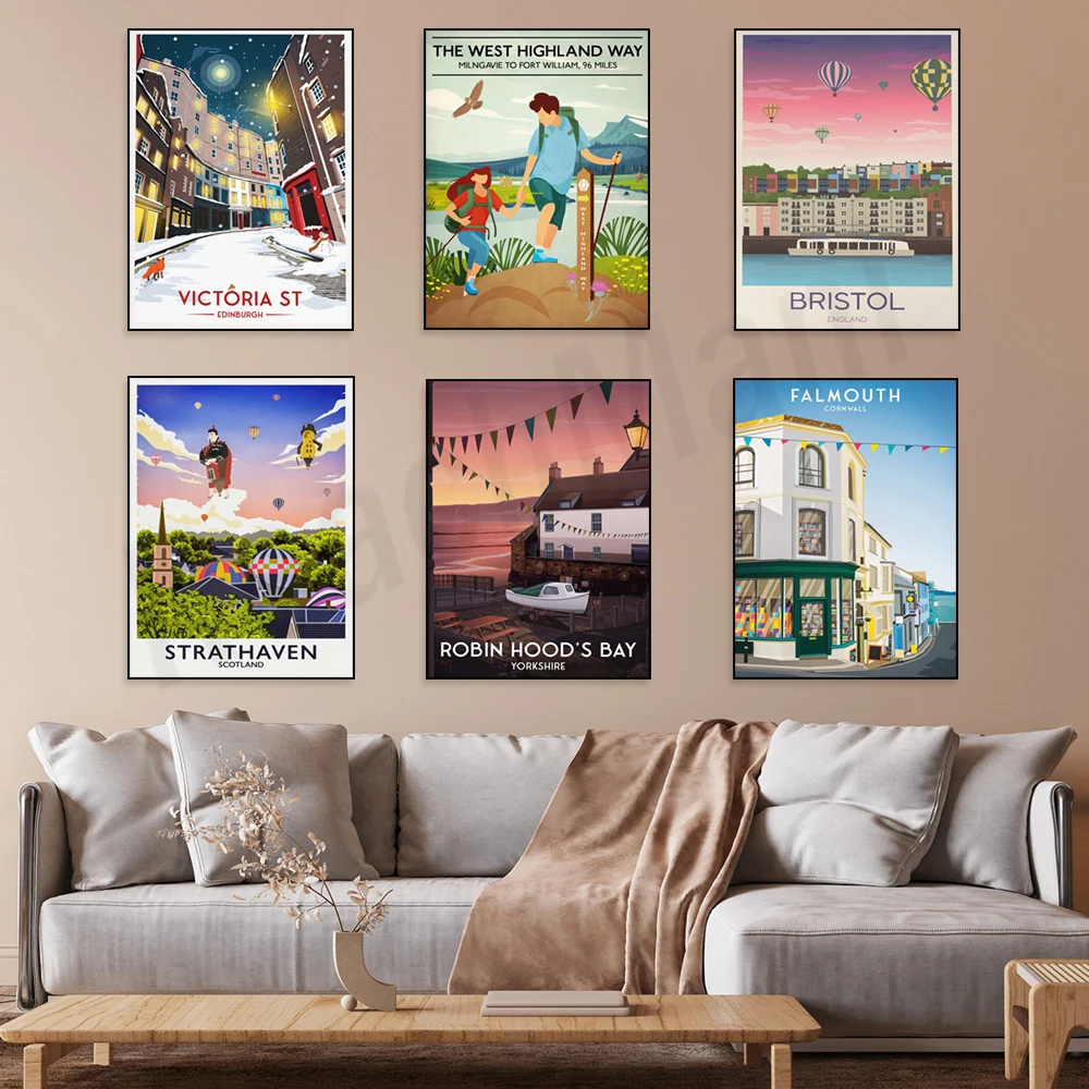 Robin Hood's Bay, Victoria Street, West Highland Way, Bristol Hot Air Balloon Festival, Stratford-upon-Avon travel posters