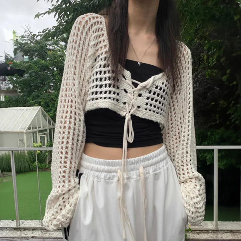 Crochet Cardigan Women\'s Long Sleeve Tie Front Open Knit Mesh Top Summer Beach Bikini Cover Up 90s Aesthetic Outfit