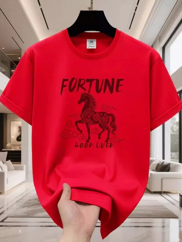 

Весна 2026: Красная приталенная футболка с круглым вырезом и принтом, молодежная, модная, для путешествий, повседневная, хлопковая, предварительно обработанная.