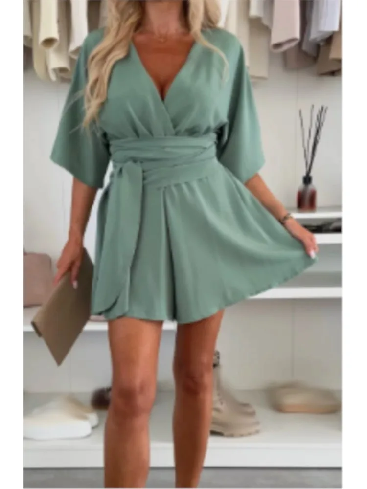 سيدة الصلبة السراويل بذلة أزياء قصيرة الأكمام الخامس الرقبة عالية الخصر الدانتيل متابعة حللا للنساء عطلة مكتب شارع العليا الملابس