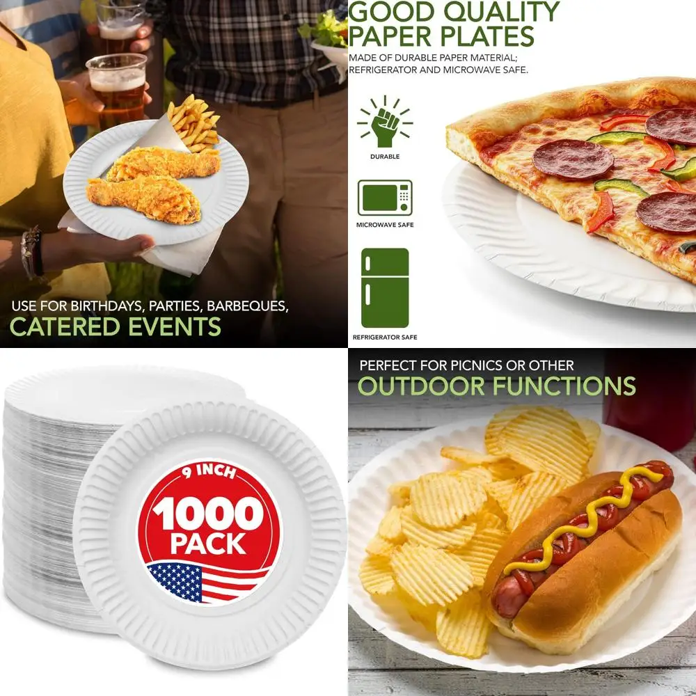 

9-дюймовые белые бумажные тарелки без покрытия, оптовая упаковка из 1000 одноразовых тарелок для ежедневного использования