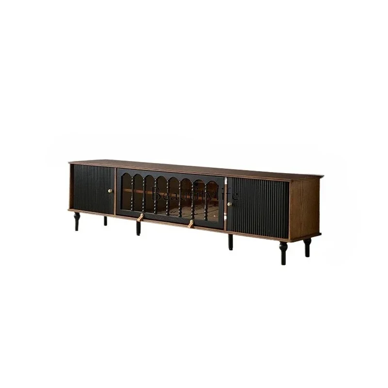 

LXFrench retro solid wood TV cabinet, living room storage locker integrated black American light luxury