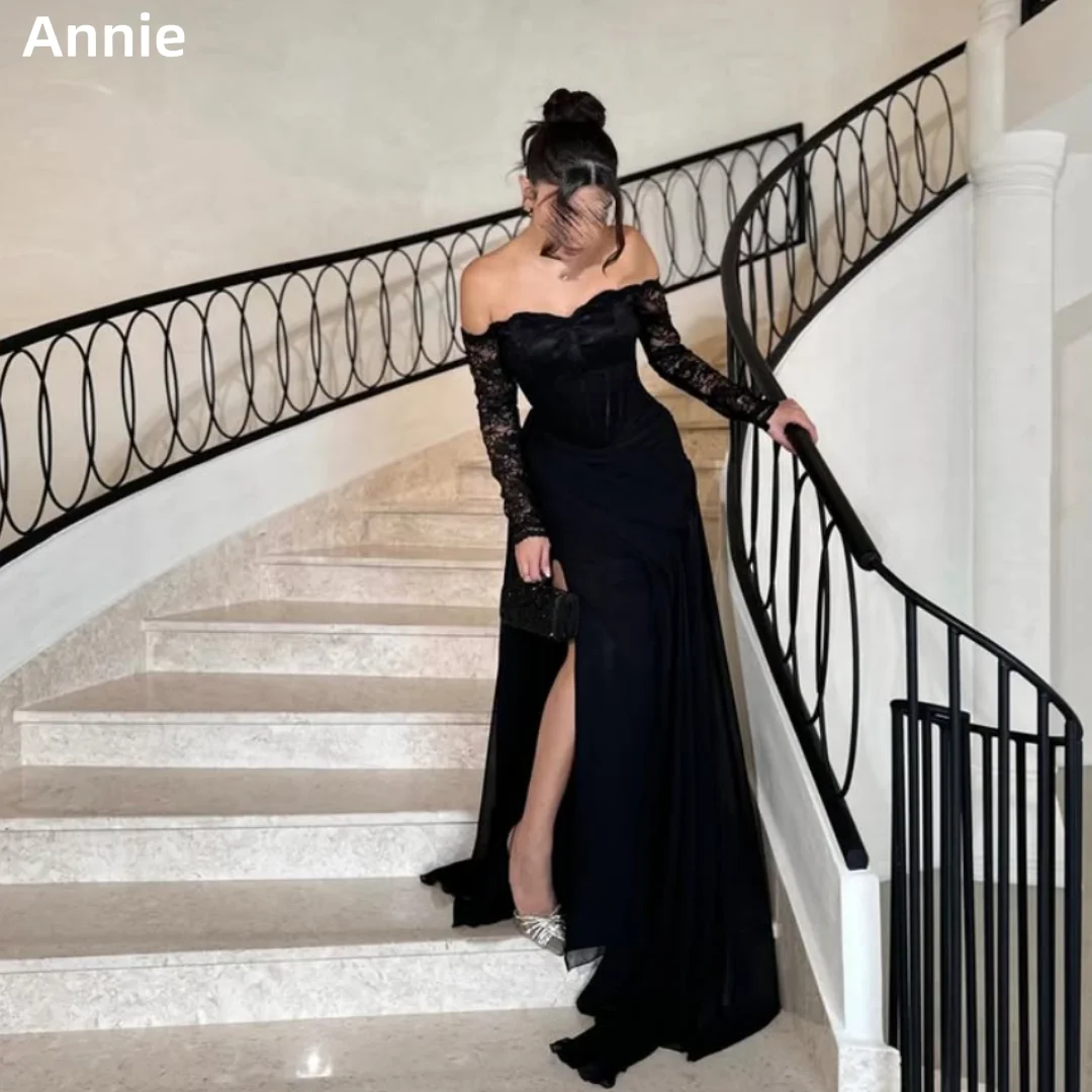 Annie-vestidos De fiesta De sirena negros, vestidos De noche elegantes De encaje De manga larga para ocasiones formales, batas De velada personalizadas 2025