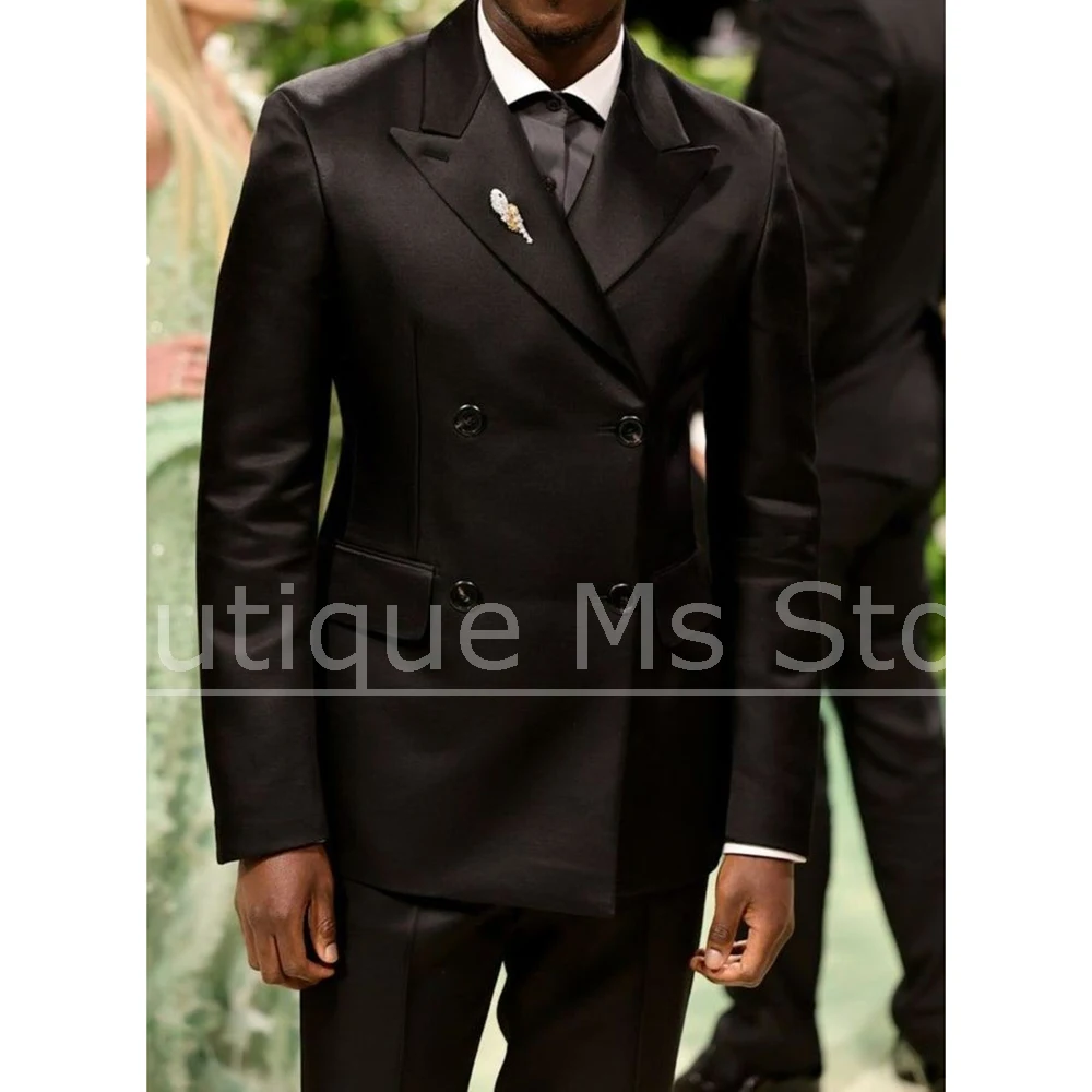 

Black Double Breasted Men's Suit Satin Peak Lapel Smart Casual Outfit Slim Fit Fashion Formal Wedding Party Tuxedo 2 Piece