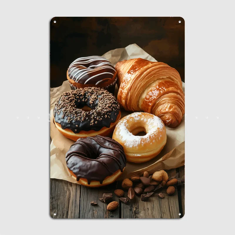 Donuts, Croissant, and Almonds Vintage Poster Metal Sign Custom Bedroom Room Decor Home Decor Posters Wall Decoration